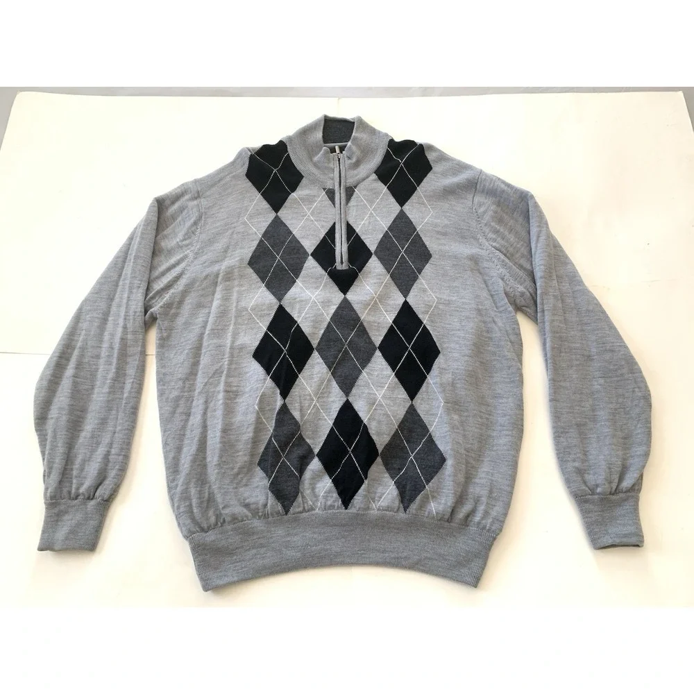 Footjoy Quarter Zip Golf Sweater Mens XXL Gray Black Argyle 100% Wool Logo Lined